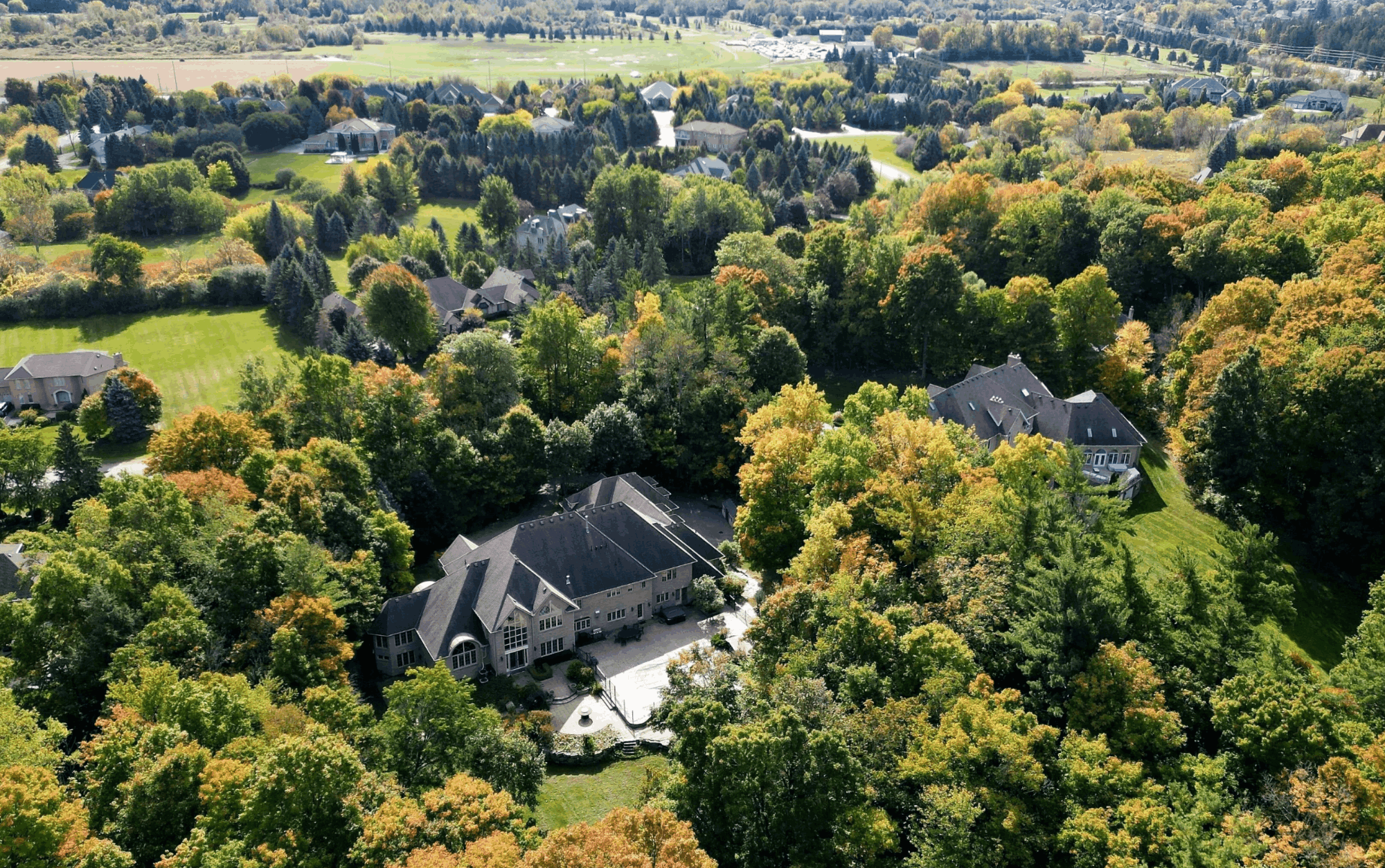Aerial view of Bayview Southeast luxury neighbourhood with mature trees in Aurora Ontario
