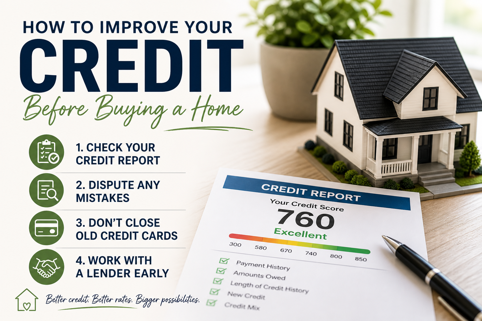 Clean infographic titled “How to Improve Your Credit Before Buying a Home,” featuring four steps: check your credit report, dispute mistakes, don’t close old credit cards, and work with a lender early, alongside a model house and a credit score report showing 760