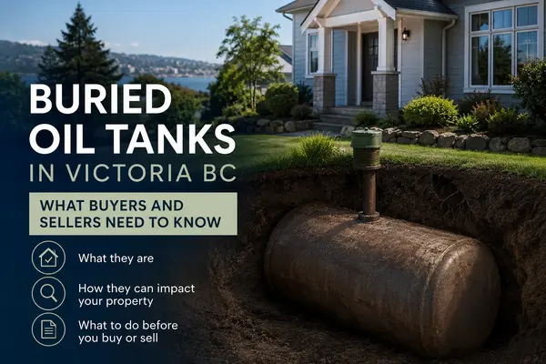 feature image of "Older home in Victoria BC with landscaped front yard illustrating the importance of checking for buried oil tanks before buying or selling."