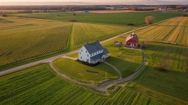 Farmhouse with red barn