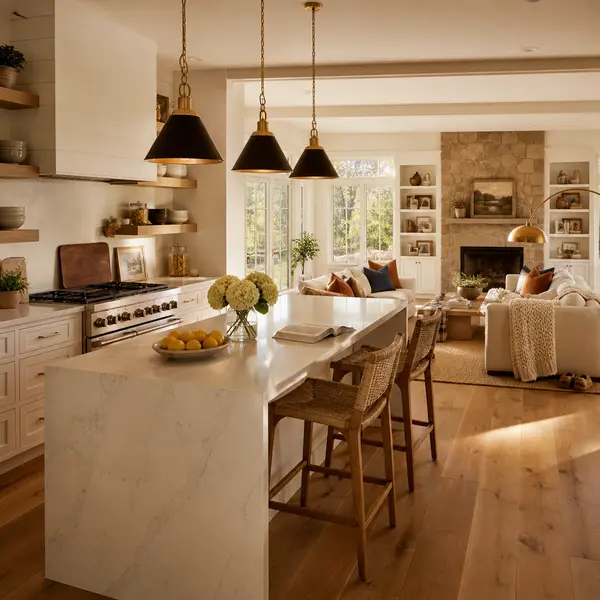Luxury open-concept kitchen and living room with center island — find your dream home with Justus Rosario, eXp Realty