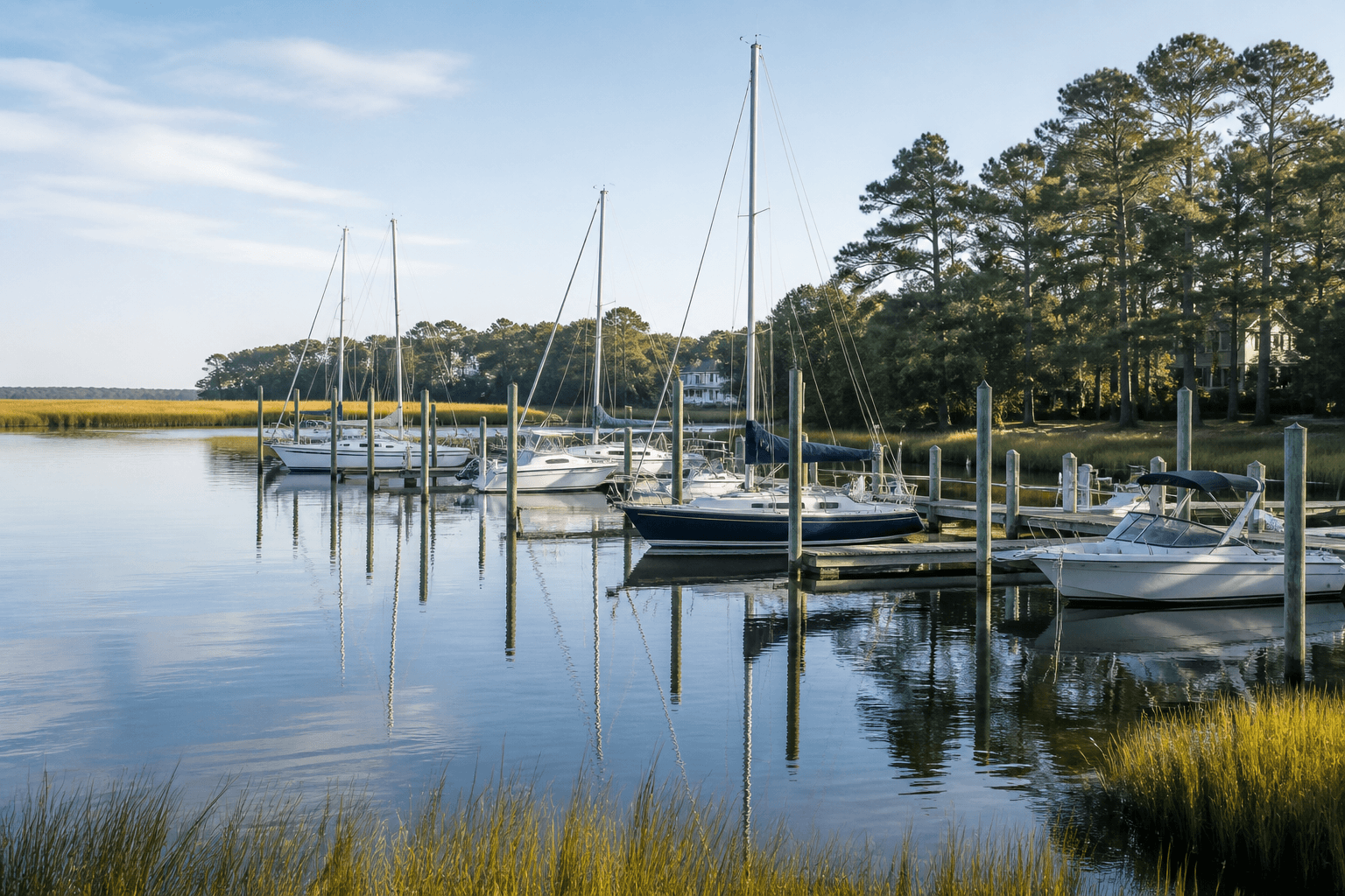 A small marina on a tidal river in Coastal Virginia