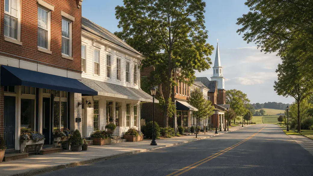 Historic small-town main street with brick storefronts in rural coastal Virginia