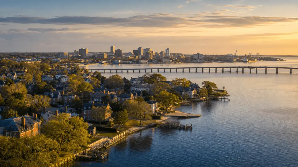 Aerial view of a Coastal Virginia waterfront city at golden hour