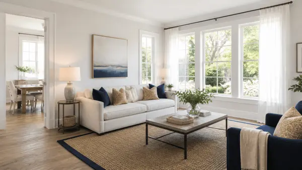 Bright, professionally staged living room in a Coastal Virginia home prepared for sale