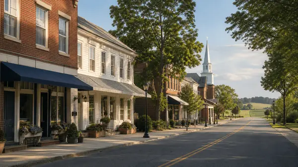 Historic small-town main street with brick storefronts in rural coastal Virginia
