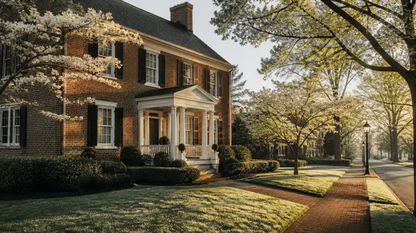 Colonial-style brick home on a leafy Virginia peninsula street in early morning light