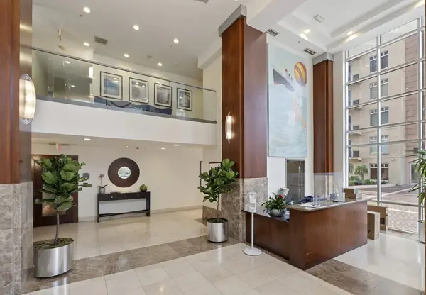 Concierge lobby with high ceilings at Aqua Towers in Downtown Long Beach