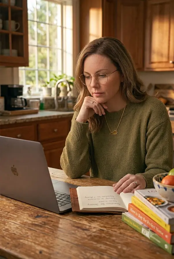 A focused female real estate client wearing a Kentucky-shaped necklace reviews home buying notes titled 'Questions for Jeremy' alongside a 'How to Buy the Perfect Home' book, while working on a laptop at a kitchen counter. This image represents the home buying process for clients of a local real estate agent serving Meade County, Hardin County, Bullitt County, Breckinridge County, Brandenburg, Elizabethtown, and Louisville, Kentucky.