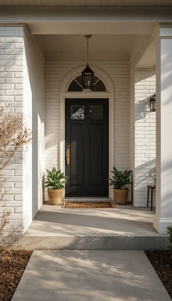 professional photo of Warm, inviting front entryway of a modern farmhouse-style North Texas home with painted white brick facade, black or navy front door with brass hardware, potted plants or a small bench nearby, pulled back to show m (1)
