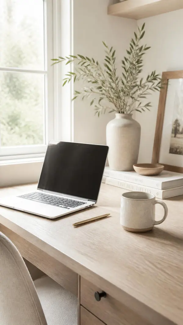 A vertical layout of a desk with a silver laptop, pen next to it, and a stoneware mug beside it. Light and airy aesthetic in the style of Studio McGee and Magnolia - bright natural light, soft neutral tones, clean minimalist composition, wa