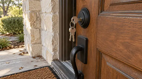 House keys in the front door lock of a limestone Hill Country home in New Braunfels, Texas.