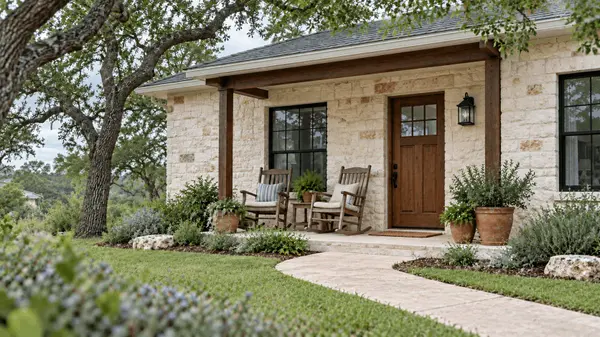 Welcoming Hill Country limestone home in New Braunfels, Texas, with a warmly lit front porch and live oaks at golden hour.