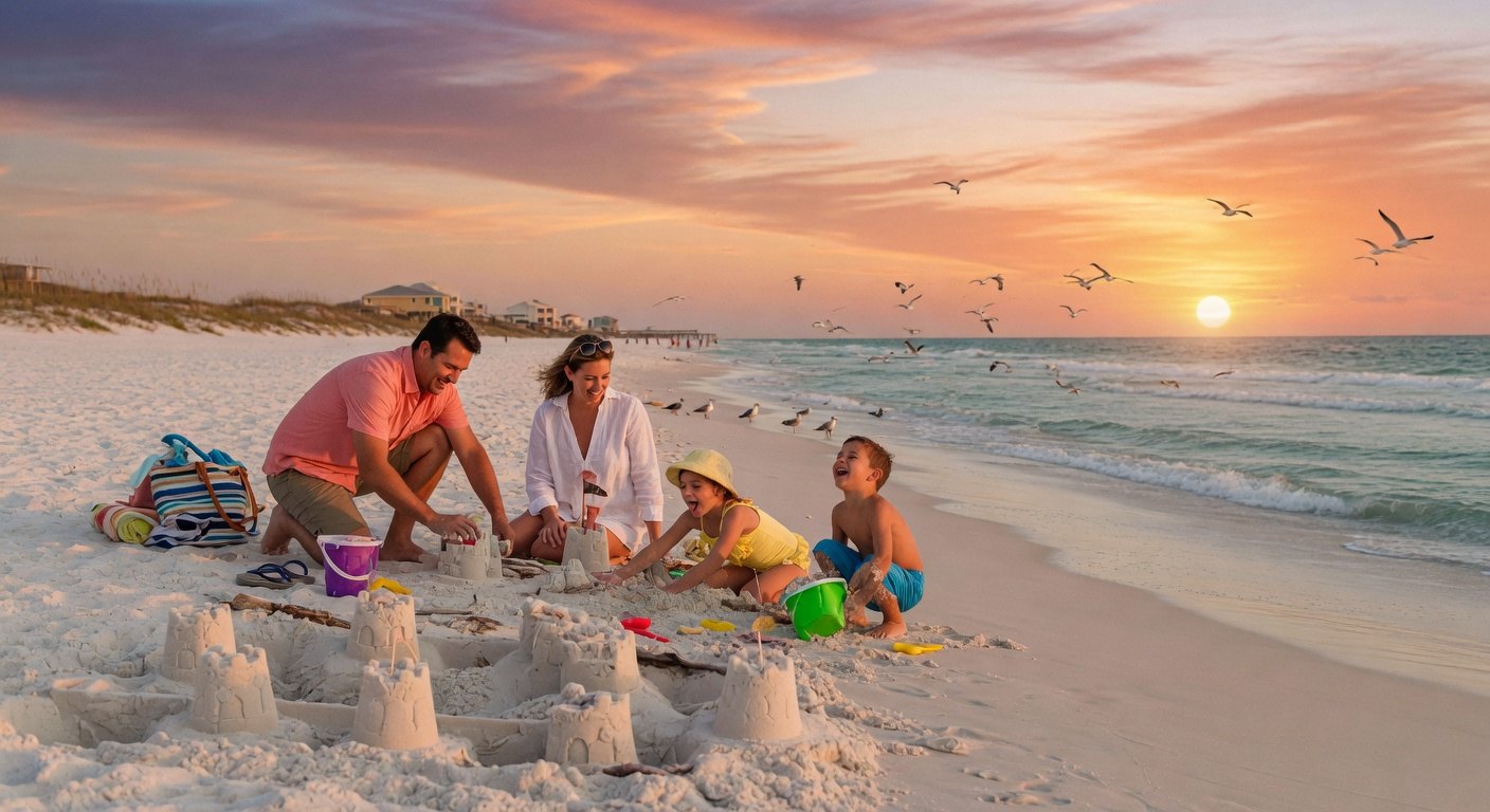 Family enjoying sunset on a Gulf Coast beach