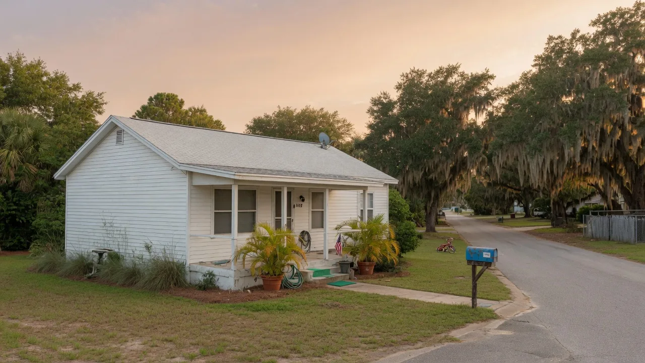 Quiet single-story coastal cottage with a covered front porch and palms on a Gulf Coast street in soft late-afternoon light