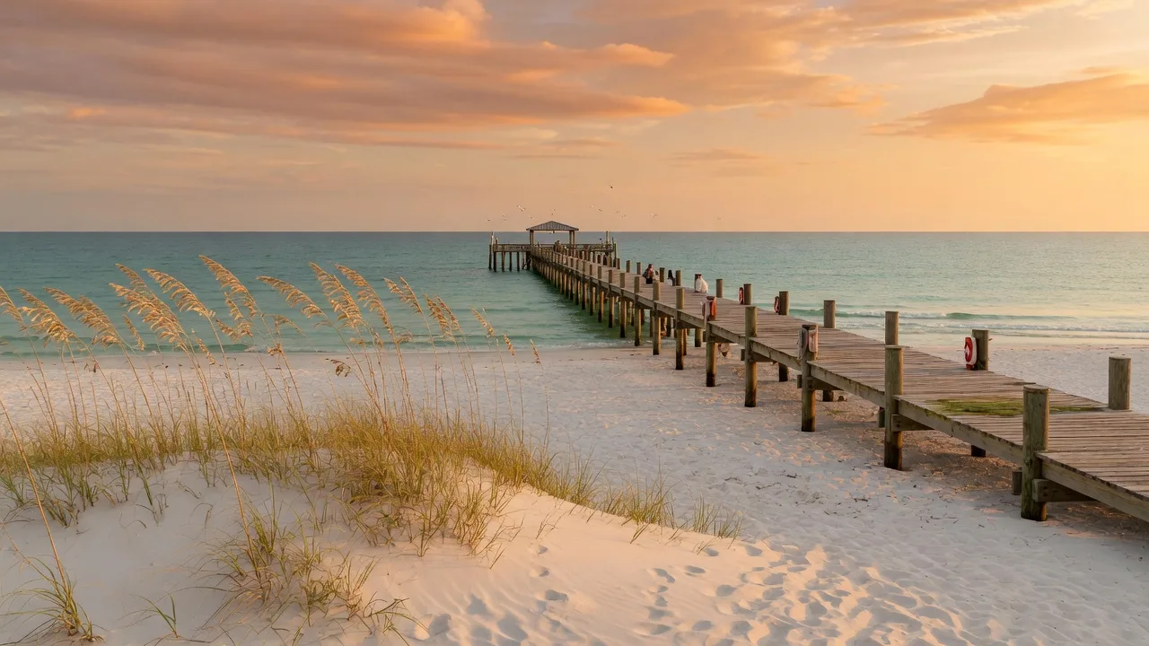 Golden-hour late September evening on an Alabama Gulf Coast beach with white sand dunes, sea oats, and a wooden pier reaching into calm turquoise water
