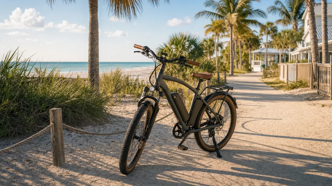 E-bike on a sunlit coastal boardwalk path near the beach in Orange Beach Alabama with palm trees and turquoise Gulf water in the background