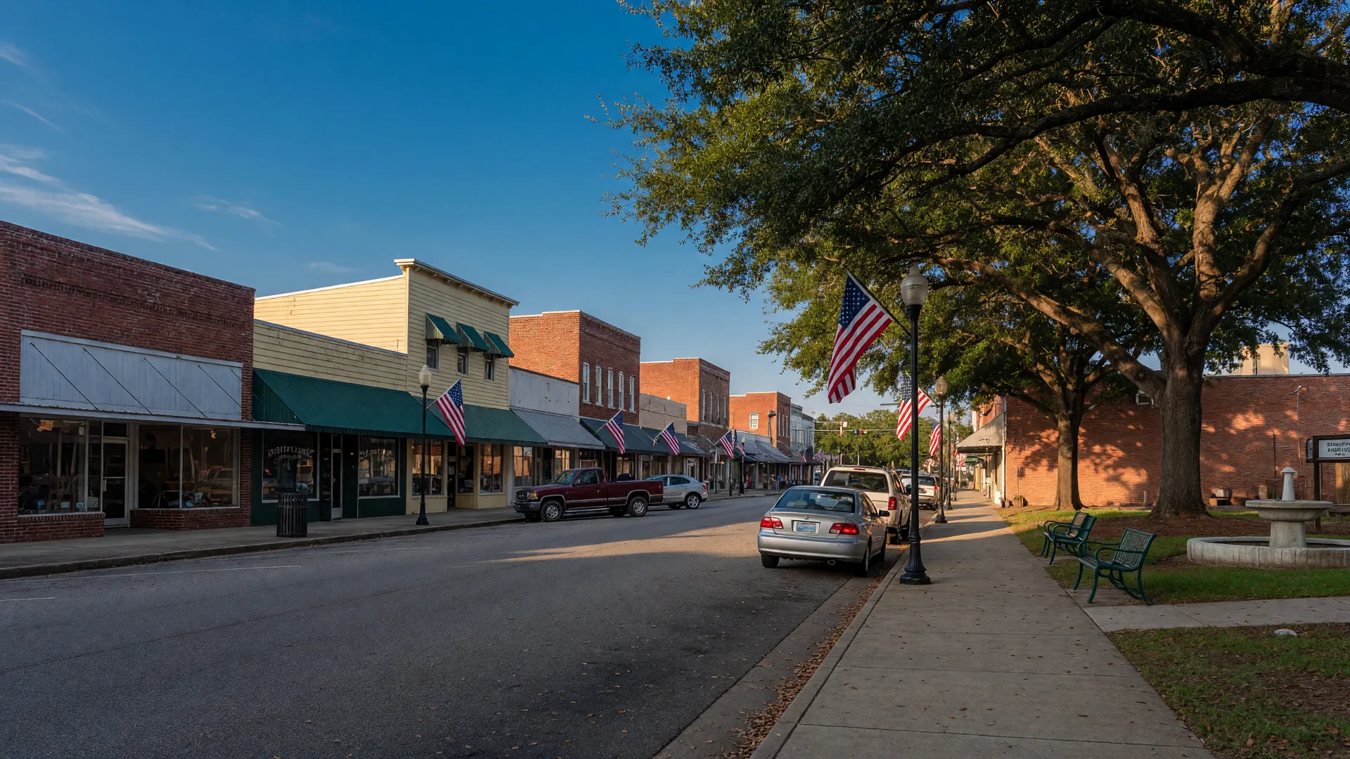 Downtown street in Robertsdale Alabama with shopfronts and live oaks