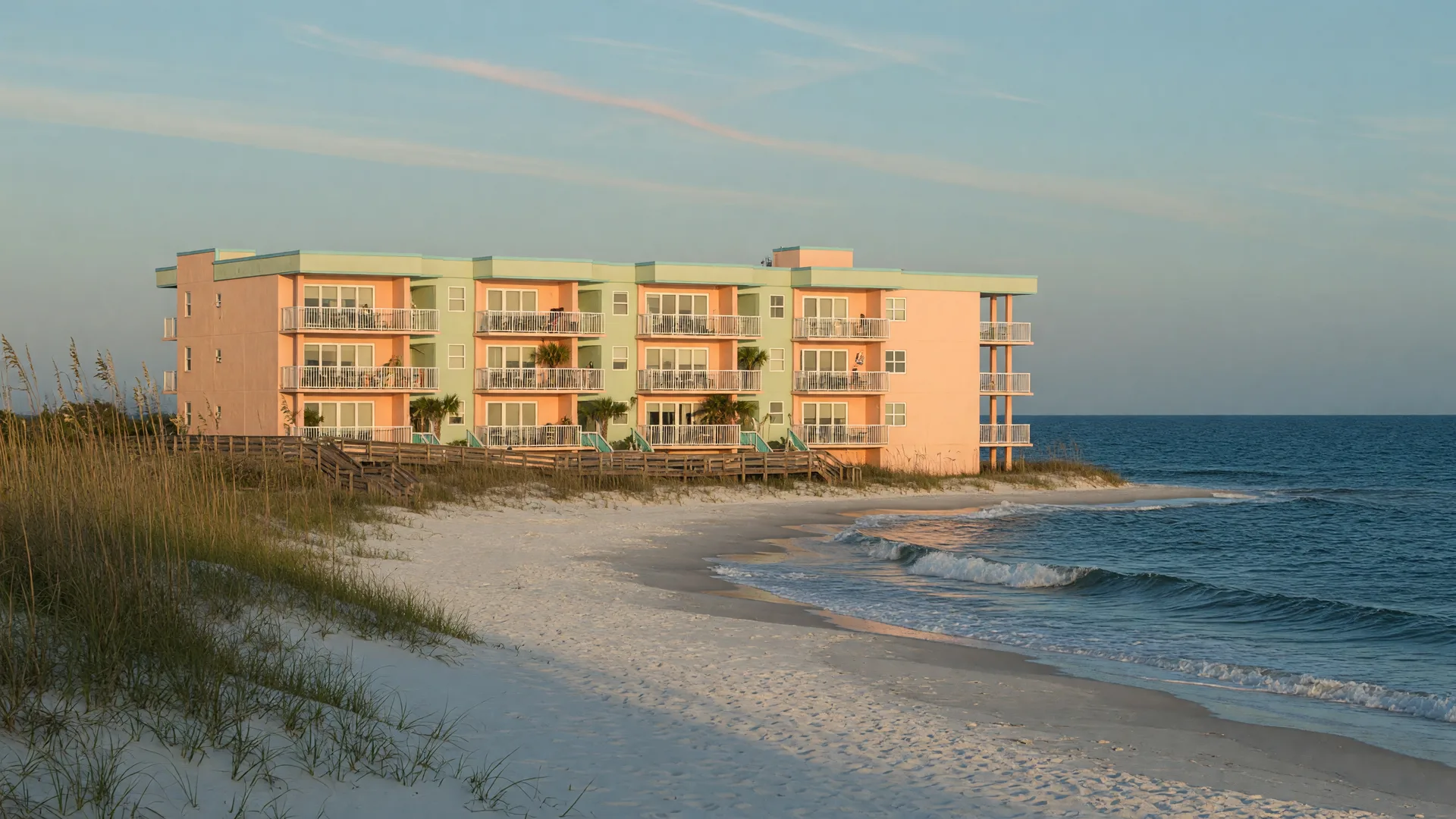 Beach condo complex on the Alabama Gulf Coast with sugar-white sand