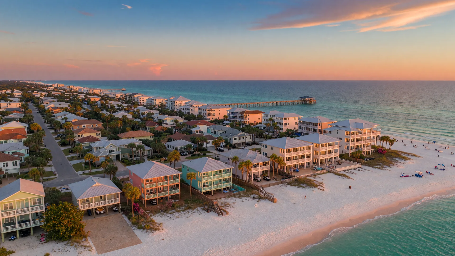 Aerial view of a coastal Alabama Gulf Coast neighborhood at golden hour with beach houses, condos, and palm trees along white sand beaches and turquoise water