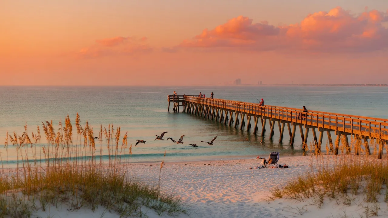 Late summer golden hour over the Alabama Gulf Coast with a pier reaching into turquoise water, sea oats and white sand in the foreground, and pelicans gliding low along the shoreline