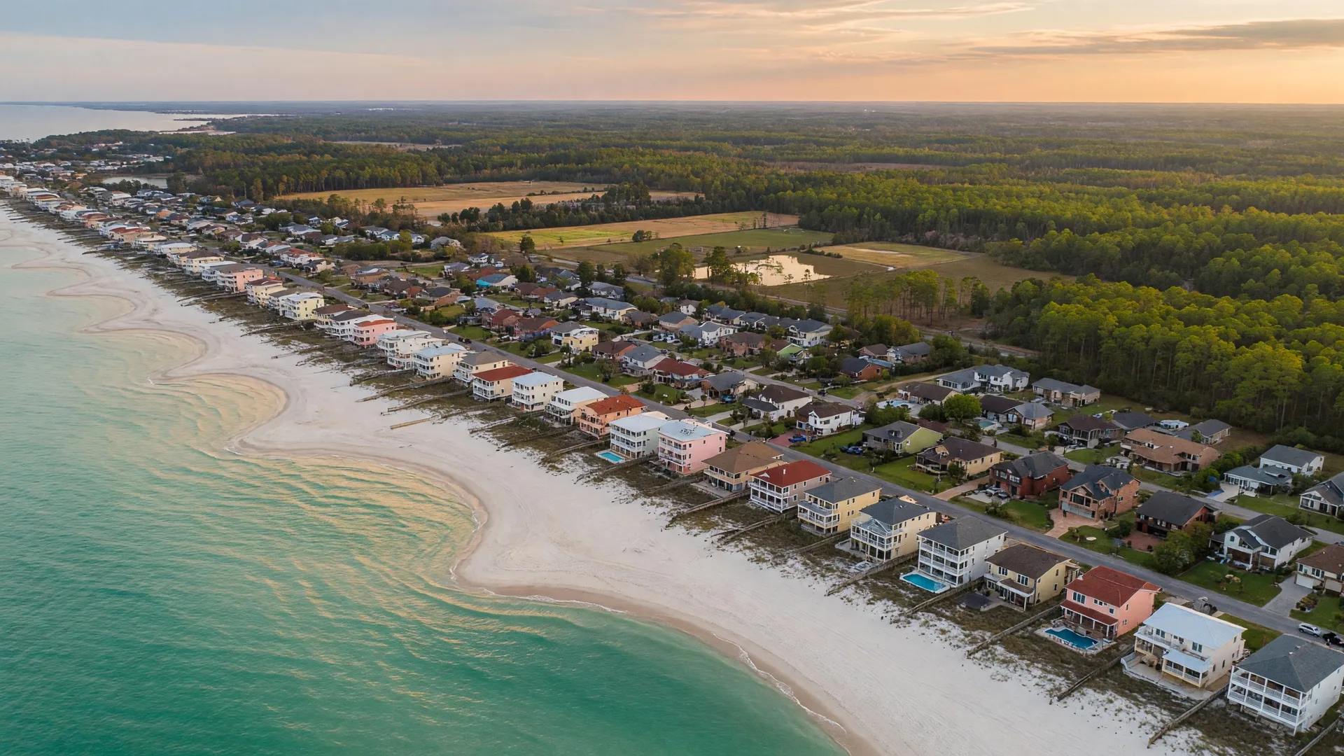 Aerial view of the Baldwin County Alabama Gulf Coast showing white sand beaches, turquoise water, and coastal neighborhoods