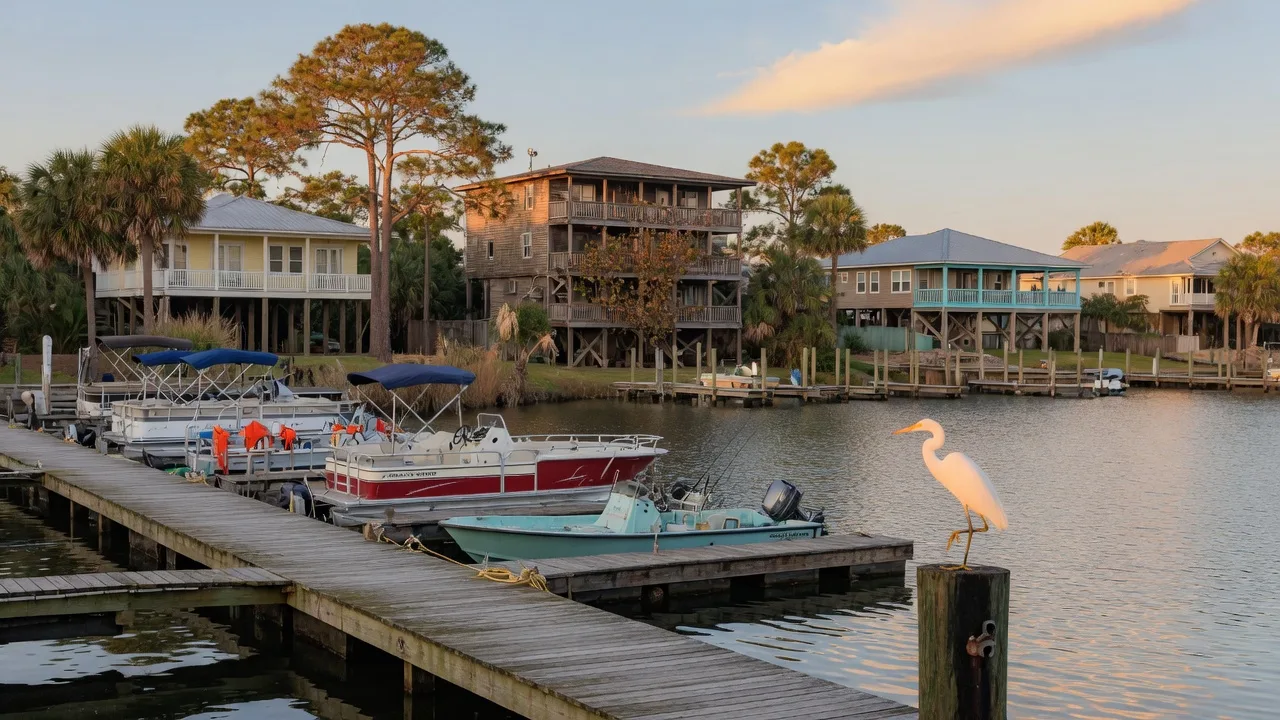 Boats moored along a marina dock near Terry Cove in Orange Beach, with elevated coastal homes across the water in golden afternoon light