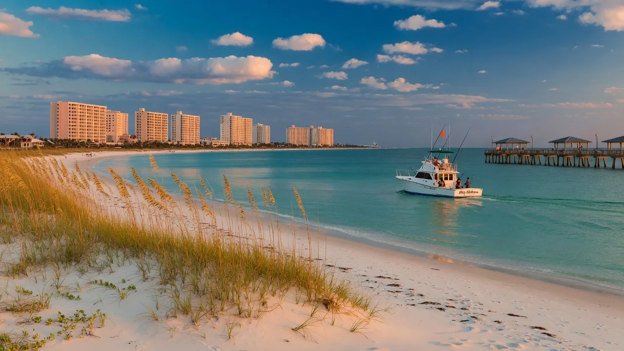 Golden hour light over the Alabama Gulf Coast with white sand beach, turquoise water, and a fishing charter boat in the distance