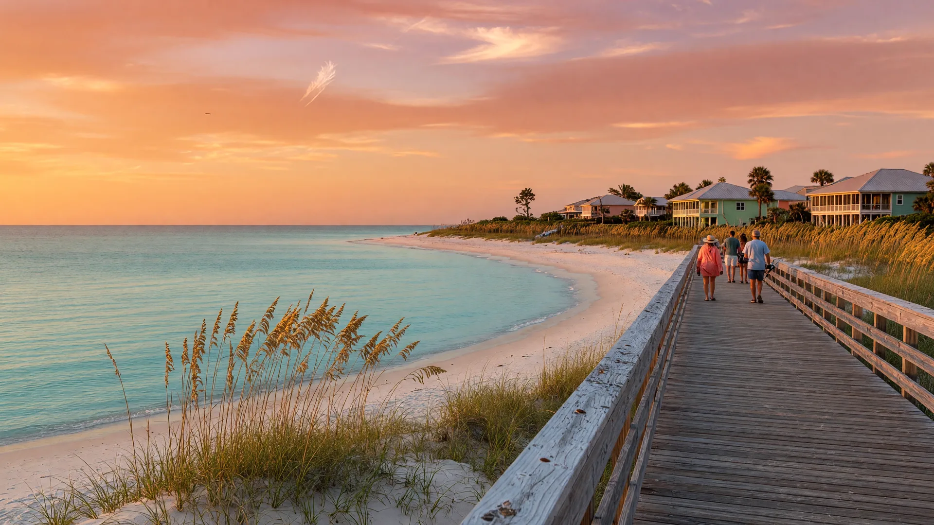 Golden hour over the Alabama Gulf Coast with a wooden pier extending into turquoise water and white sand beach with sea oats in the foreground