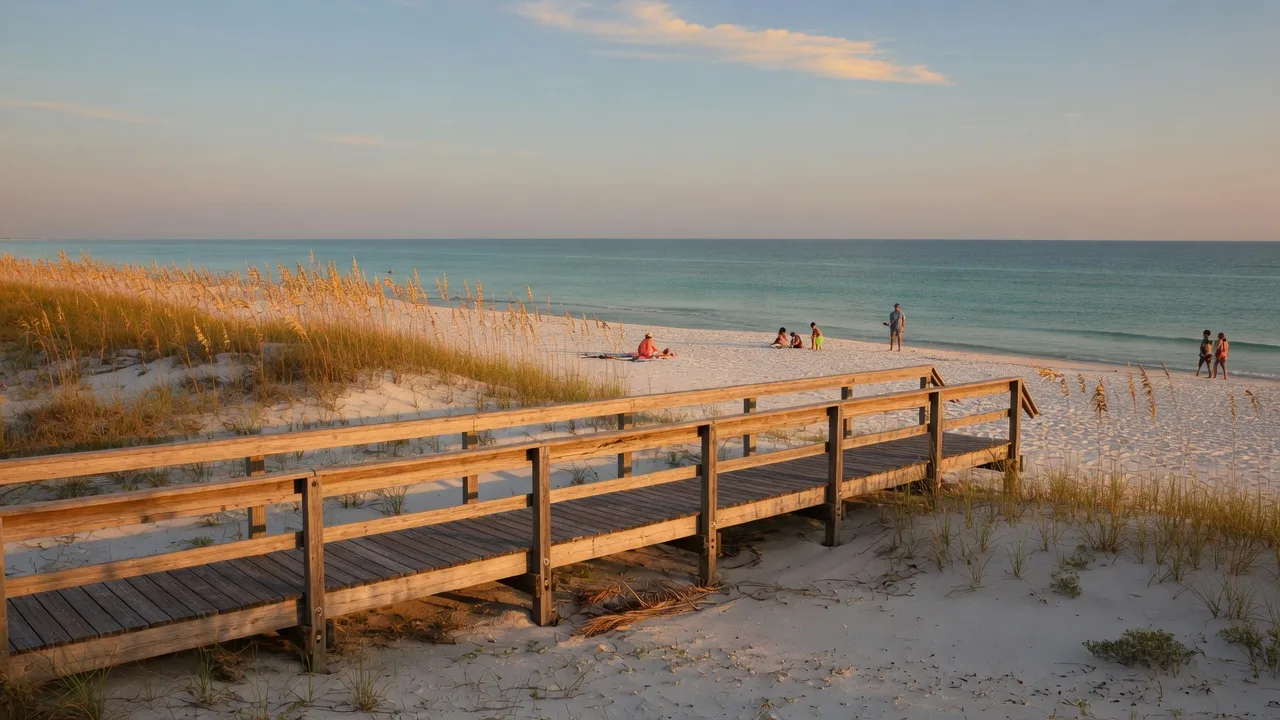 A quiet September evening on the Alabama Gulf Coast, with a wooden walkover leading across sand dunes and sea oats toward the turquoise Gulf