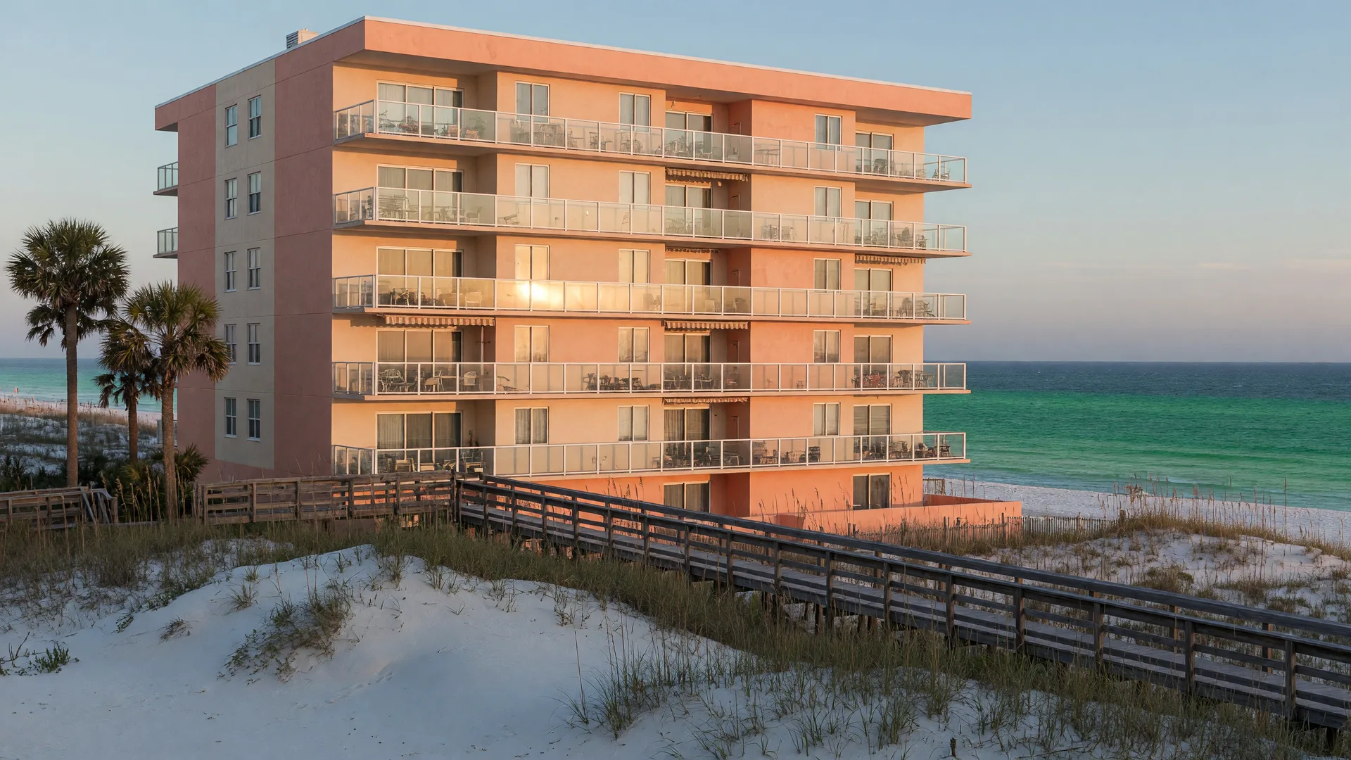 Beachfront condo complex on the Alabama Gulf Coast in Orange Beach with glass-railed balconies overlooking dunes and emerald Gulf water in soft morning light