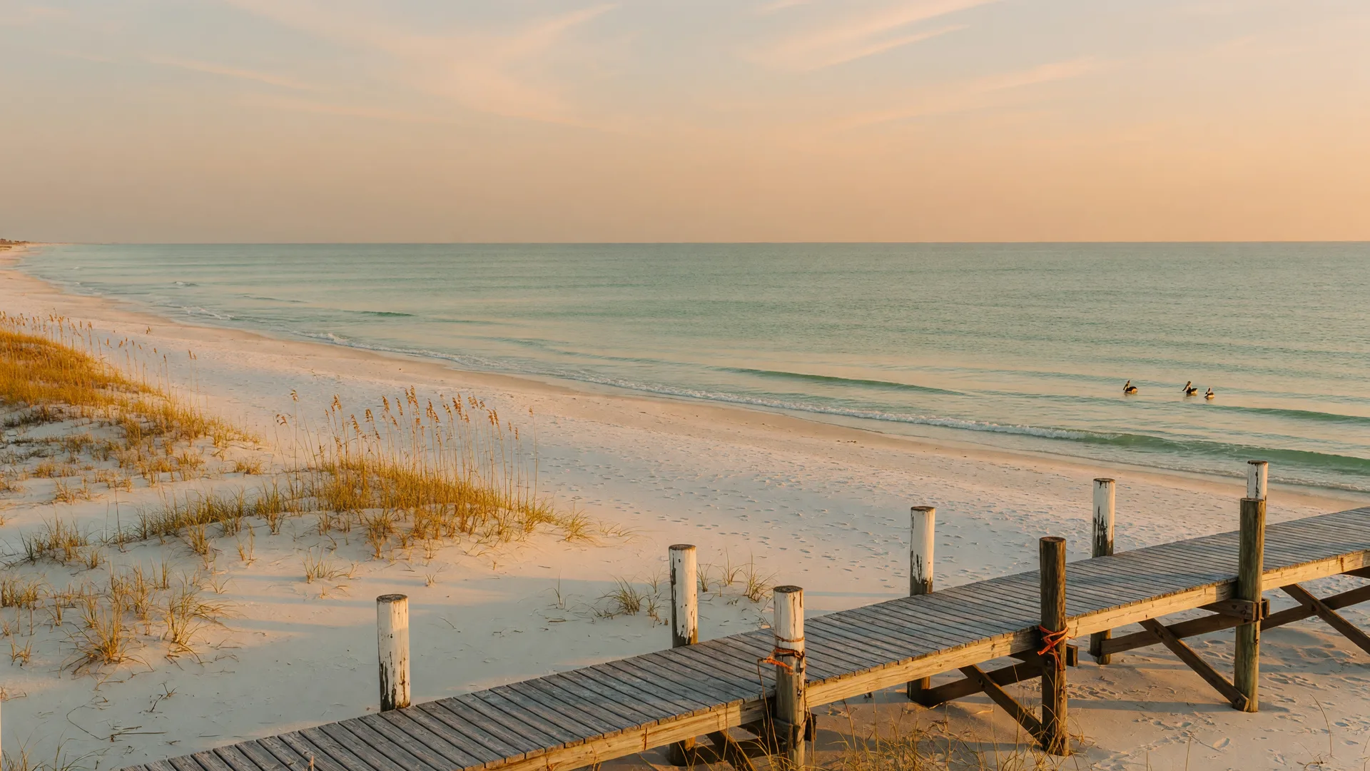 A quiet stretch of white sand and sea oats on the Alabama Gulf Coast in late fall, with calm turquoise water and a wooden walkover under warm golden light