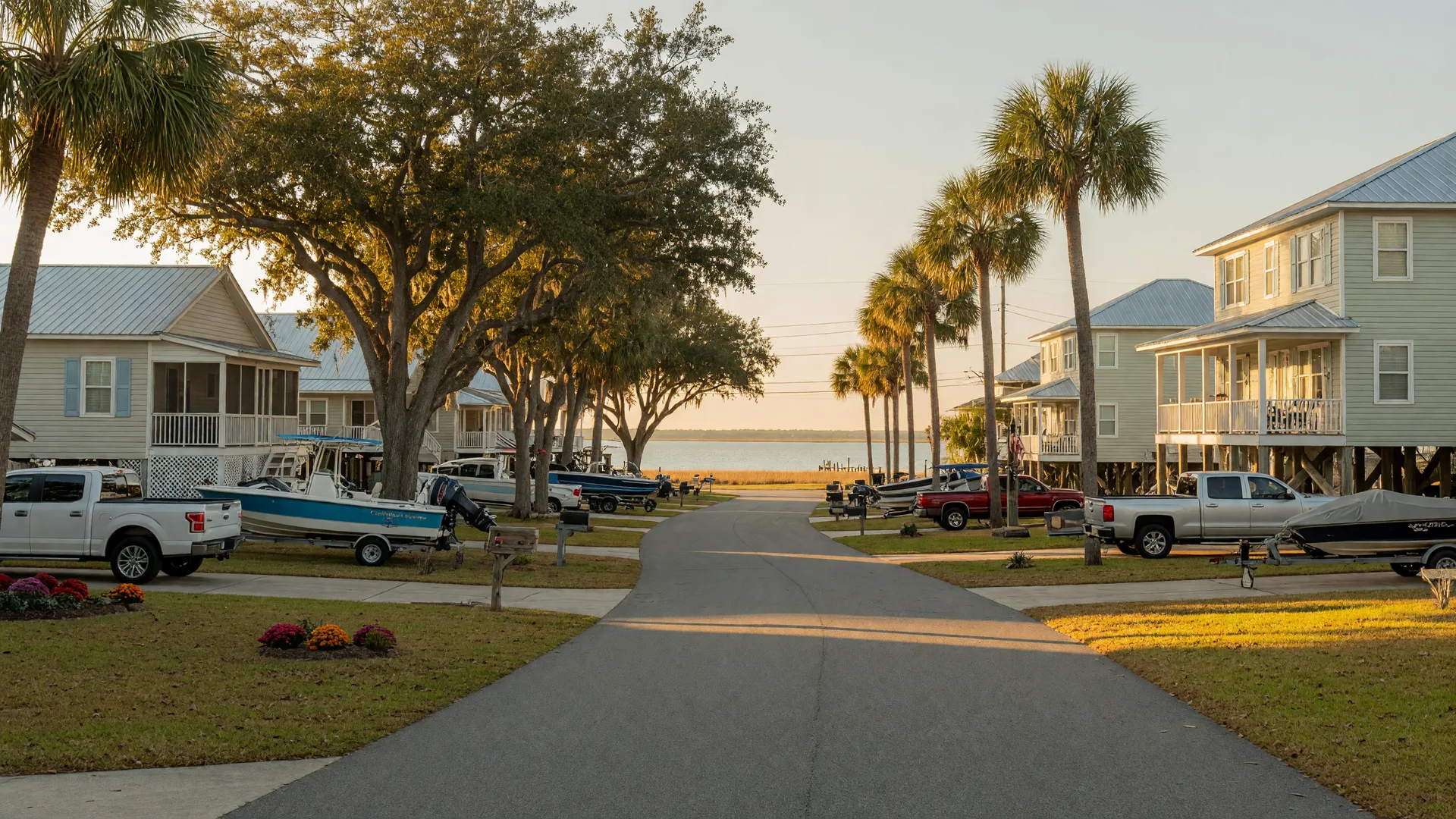 Quiet single-family homes along Avenue D in Orange Beach, with live oaks, palms, and a glimpse of bay water in golden afternoon light