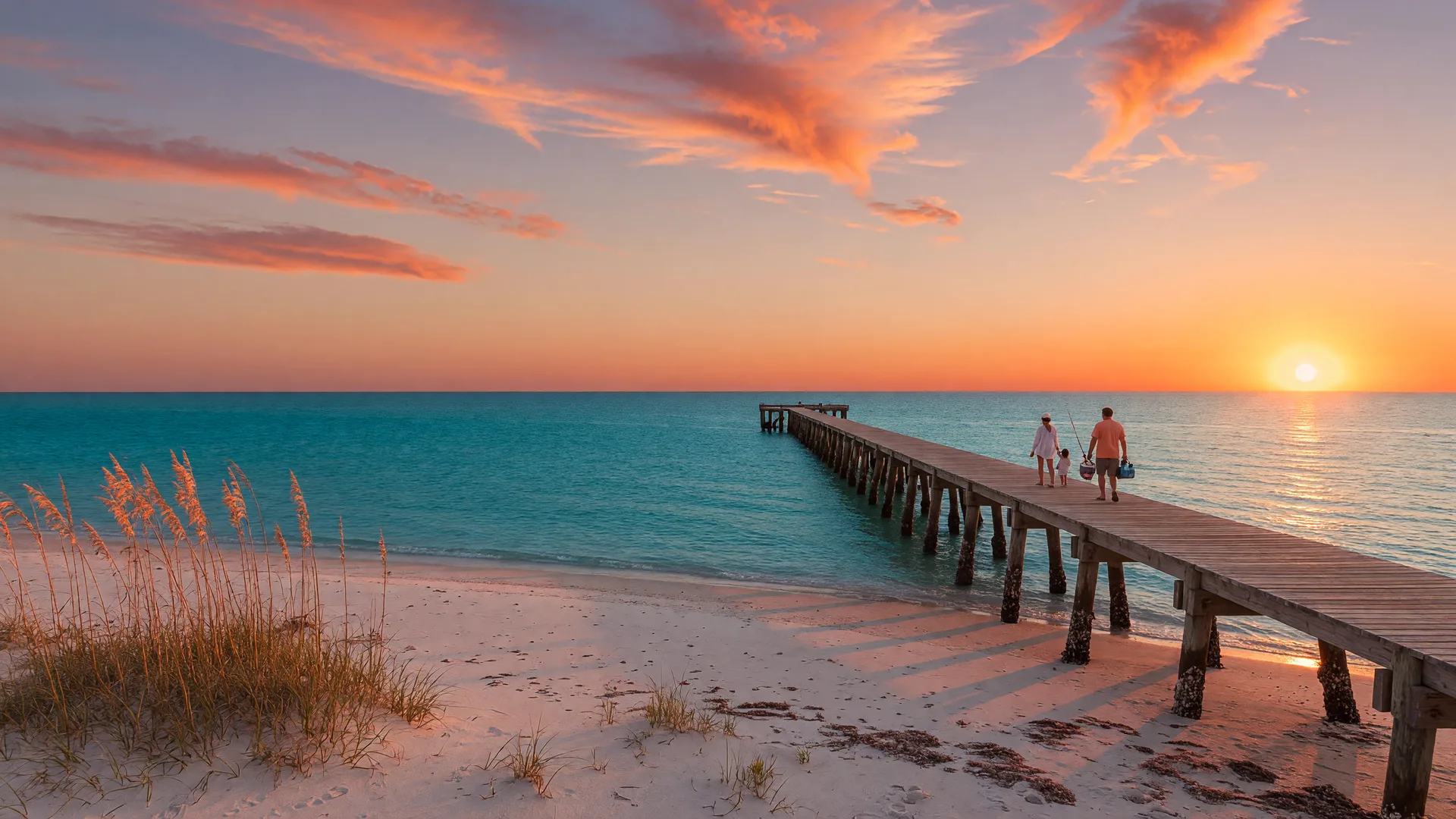 Golden hour over the Alabama Gulf Coast with a pier extending into turquoise water and the sun setting in a warm orange and pink sky