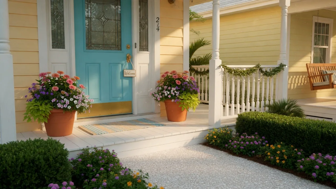 Welcoming front entrance of a coastal home prepared for an open house with fresh flowers and warm sunlight