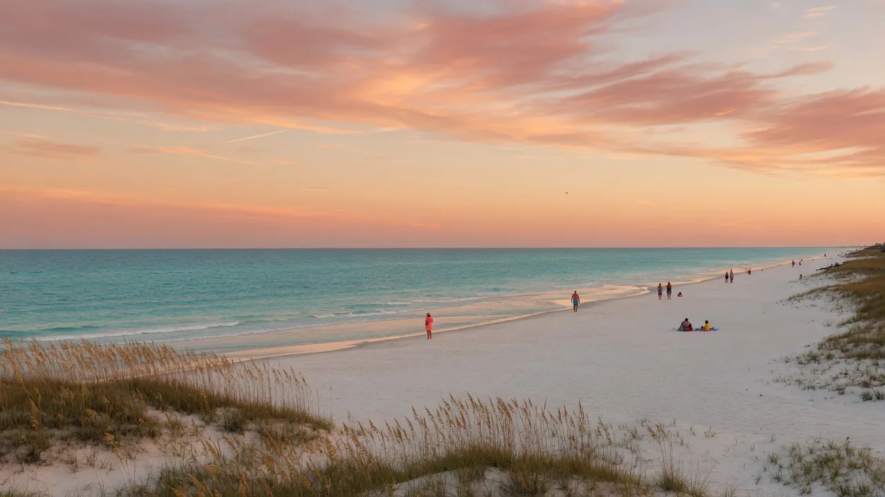 A golden-hour late September evening on an Alabama Gulf Coast beach,white sand rolling into calm turquoise water with sea oats along the dunes