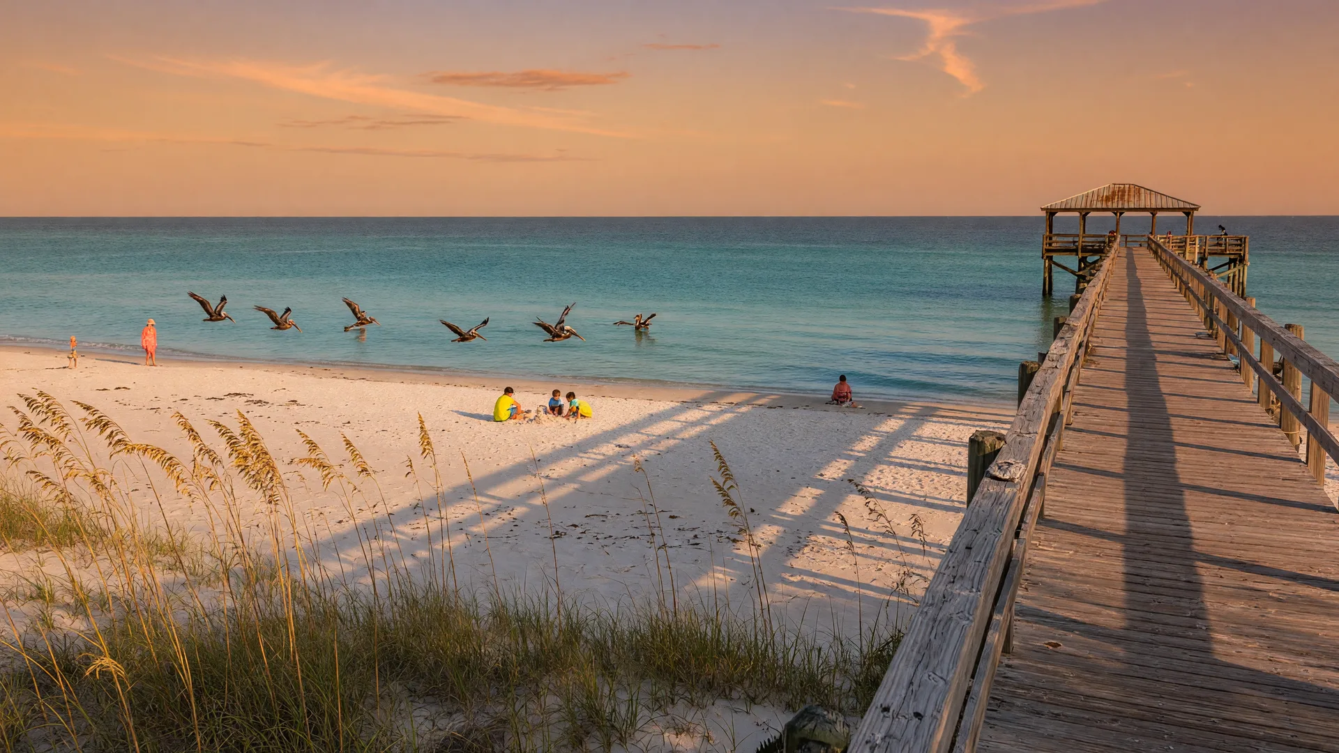 Golden hour over a quiet Gulf Shores beach with a wooden pier extending into calm turquoise water and sea oats along the shoreline
