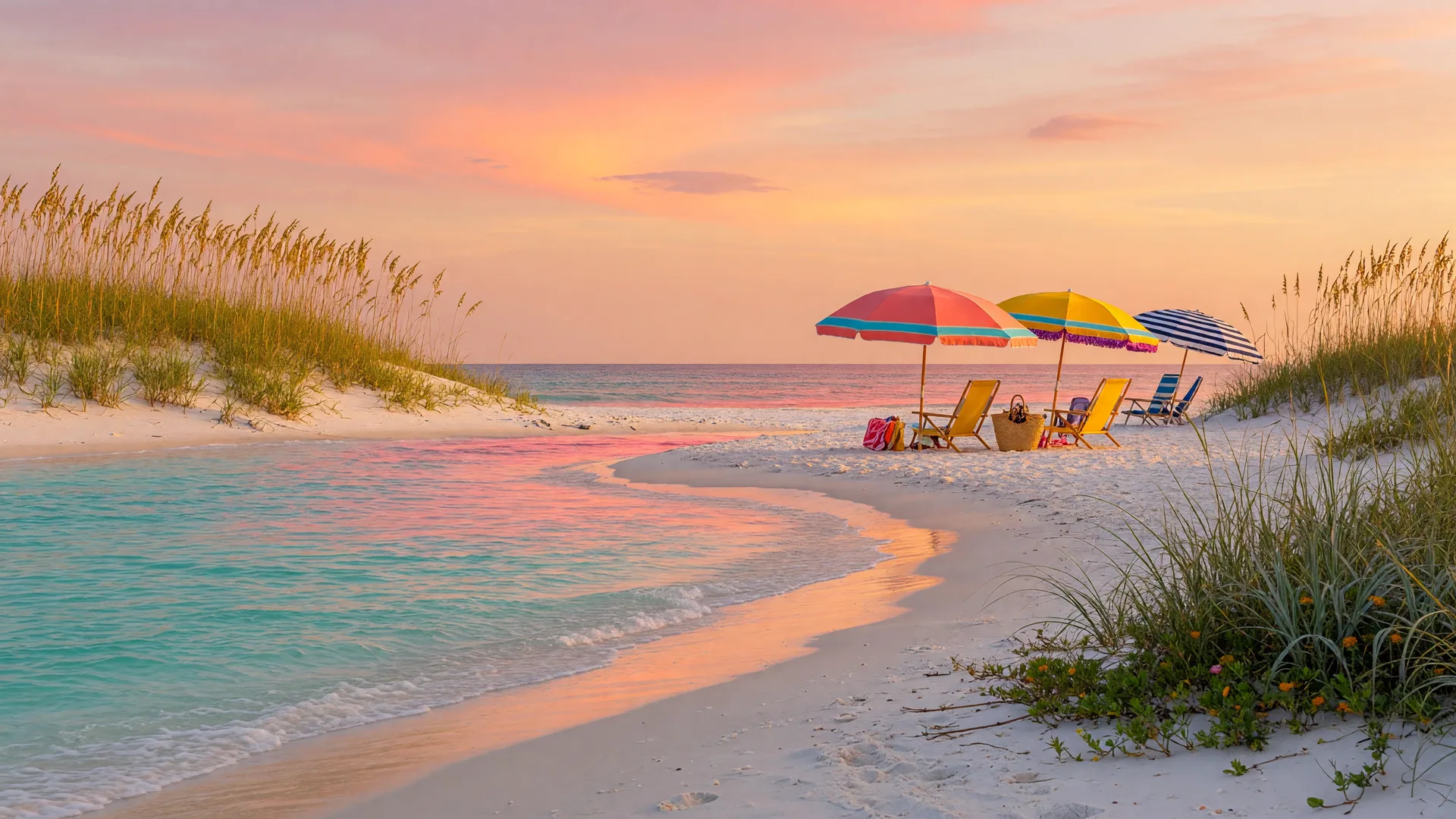 Golden hour sunset over the Gulf of Mexico at Orange Beach, Alabama with white sand beach and calm turquoise water