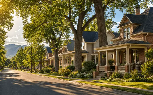 Tree-lined residential street with brick homes and front porches in a Northern Colorado town at golden hour
