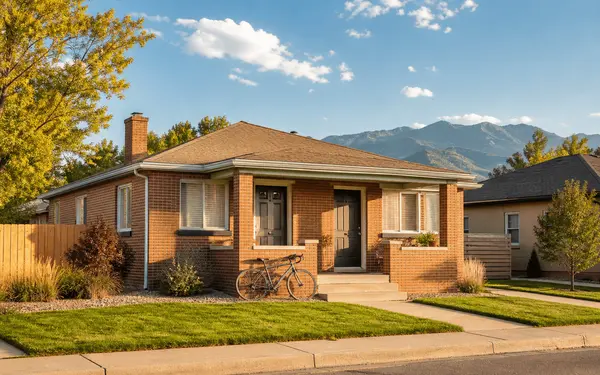 Small brick duplex on a quiet Colorado street with mountains in the distance in late afternoon light