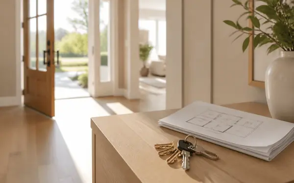 House keys and a folded floor plan on an entry table just inside the open front door of a bright home