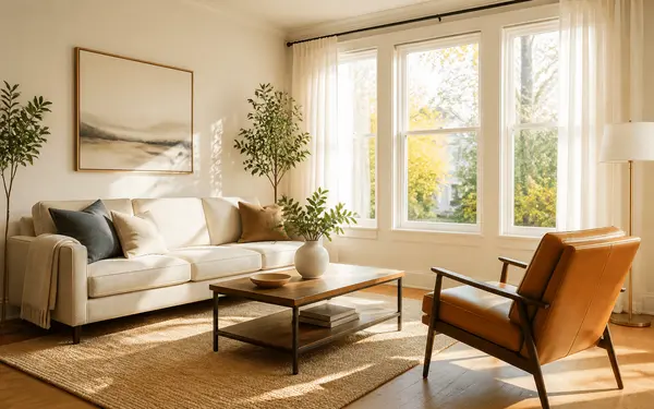 Bright staged living room with neutral sofa, cognac leather chair and sunlight through sheer curtains