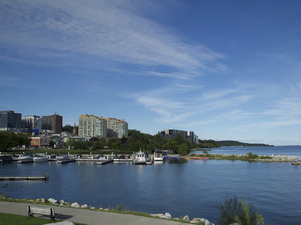 The Barrie marina and downtown skyline from across Kempenfelt Bay