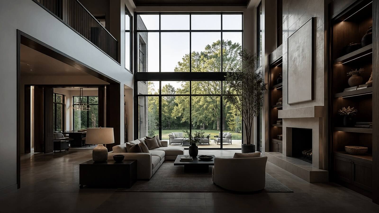 Refined contemporary interior with a double-height living room