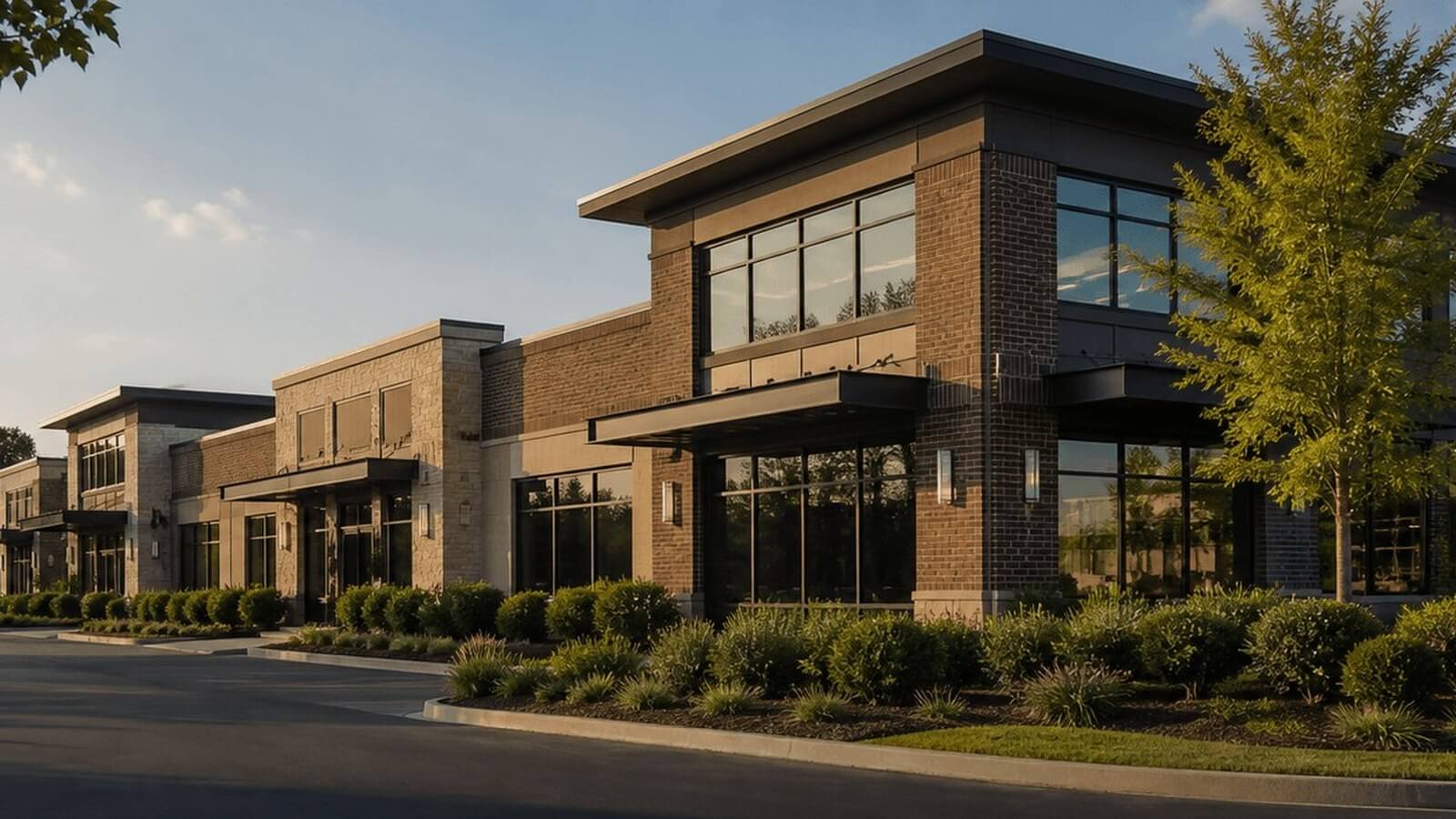 Low-rise brick-and-glass commercial office and retail building