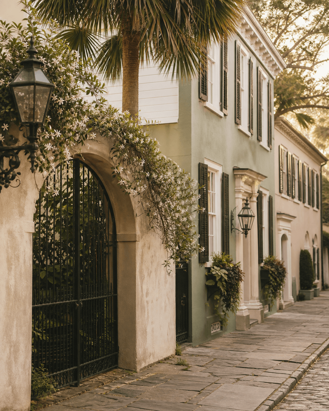 Historic Charleston street with pastel single houses