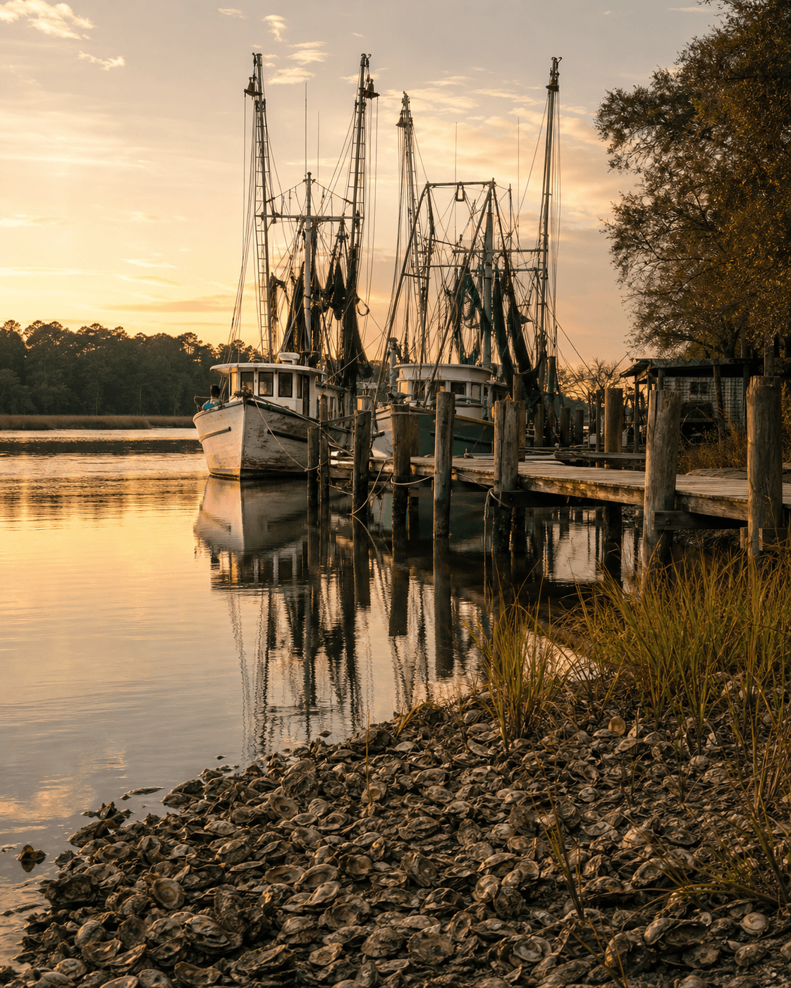 Shrimp boats moored on the May River in Bluffton