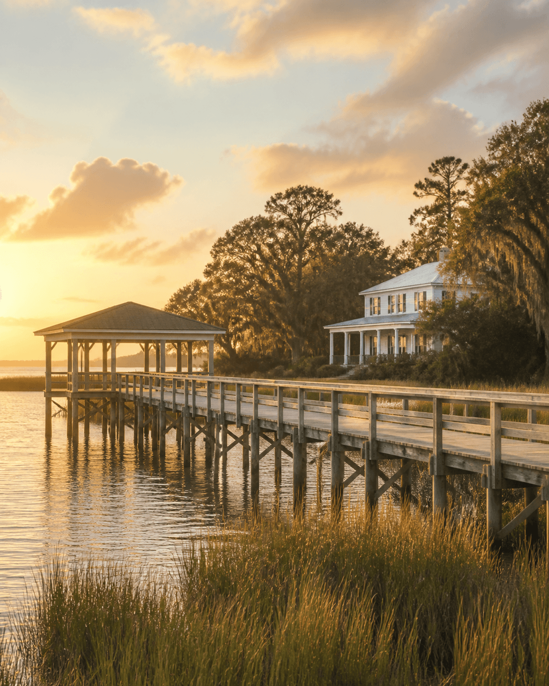 Mount Pleasant dock over a tidal creek at golden hour