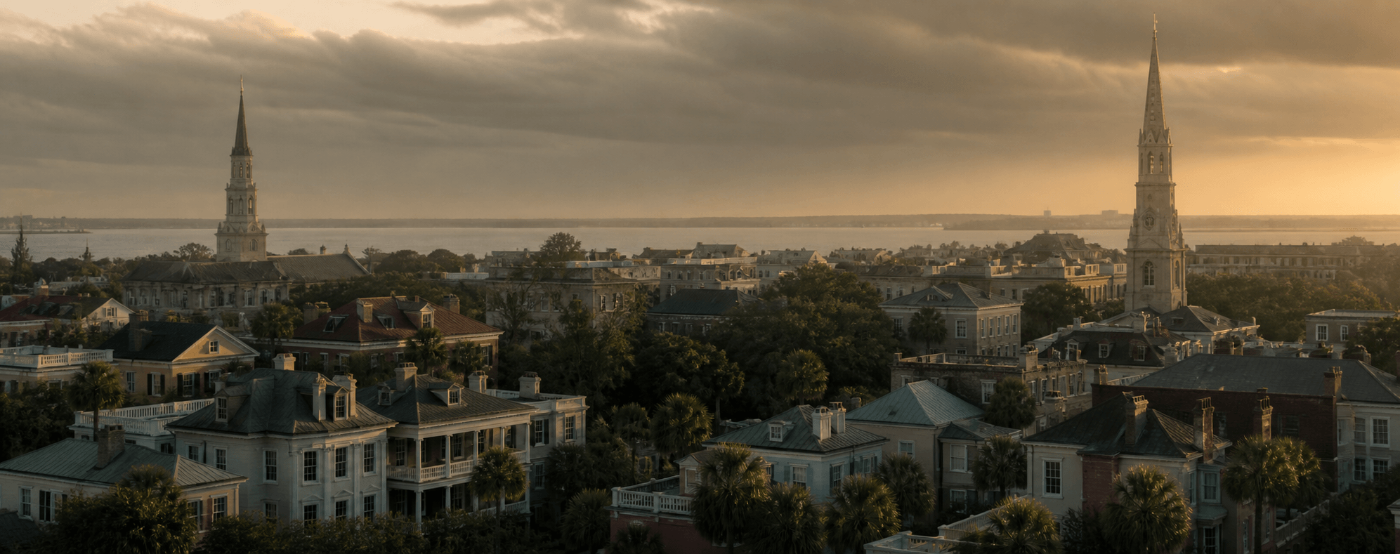 Charleston rooftops and church steeples at golden hour