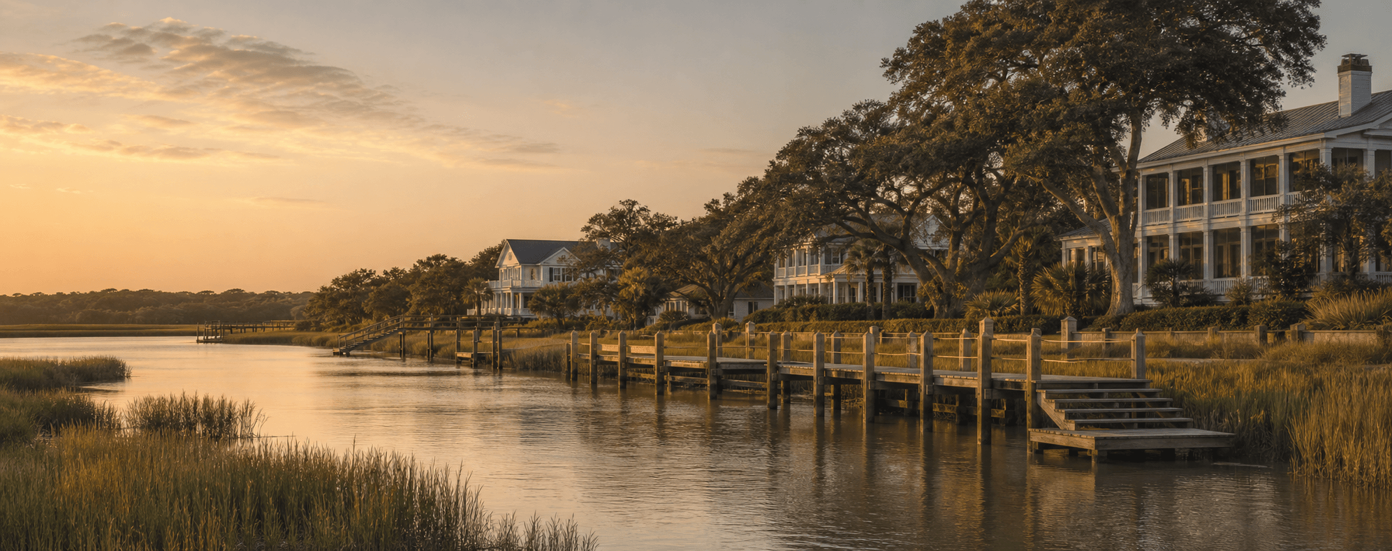 Mount Pleasant creek with docks and live oaks